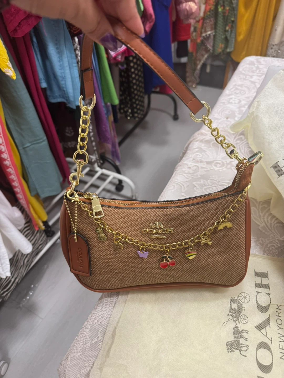 Coach Brown Canvas Shoulder Bag with Charms