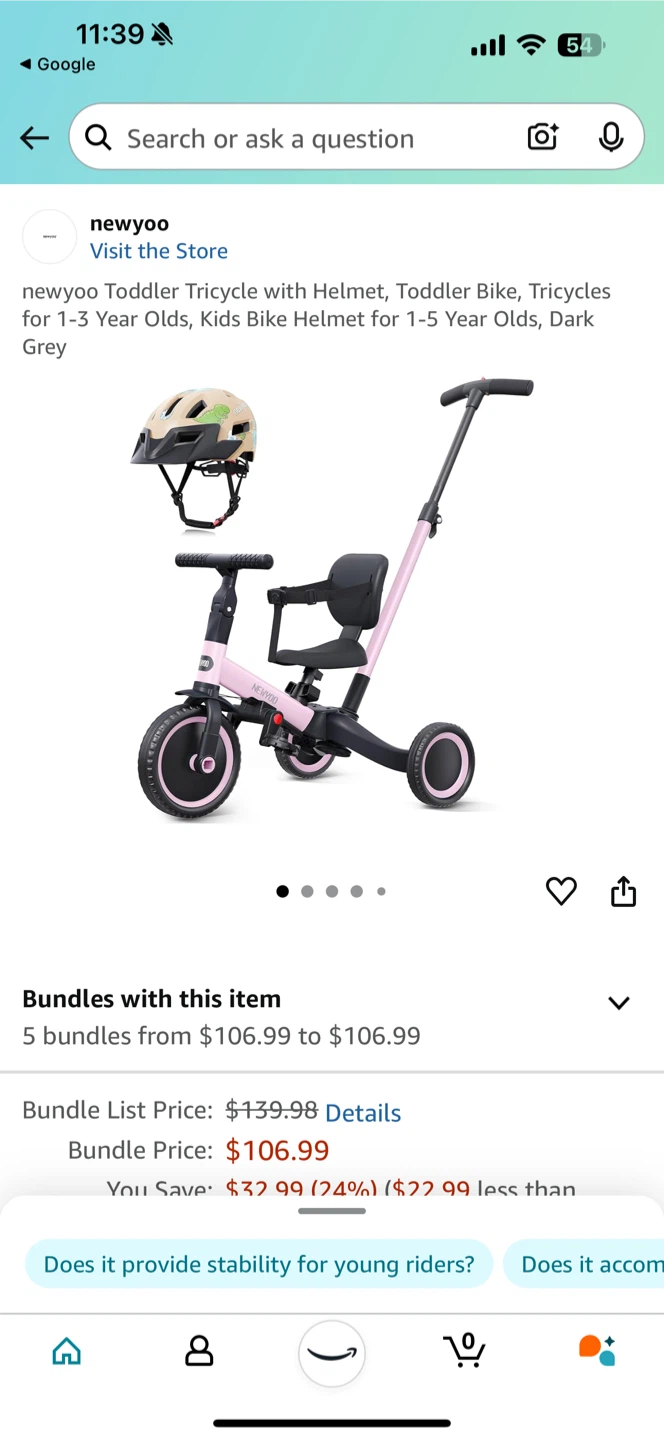 newyoo Toddler Tricycle with Helmet - Pink - photo 3