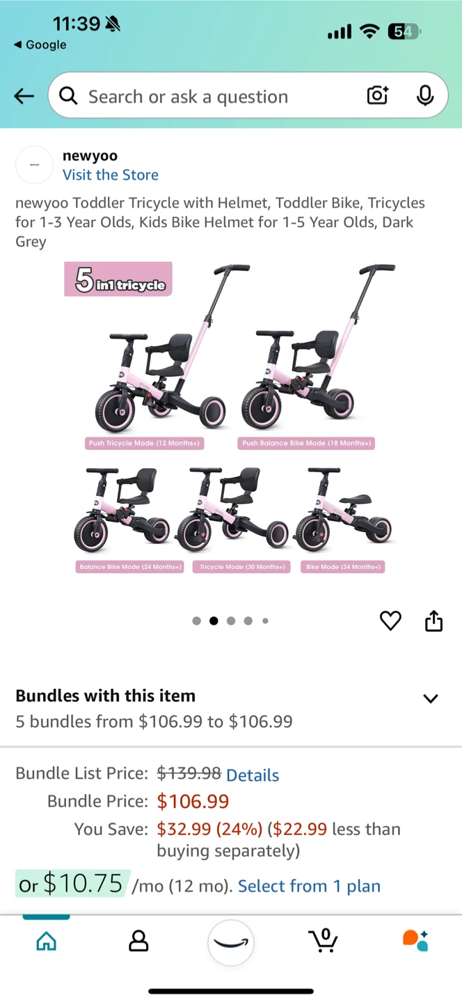 newyoo Toddler Tricycle with Helmet - Pink - photo 4