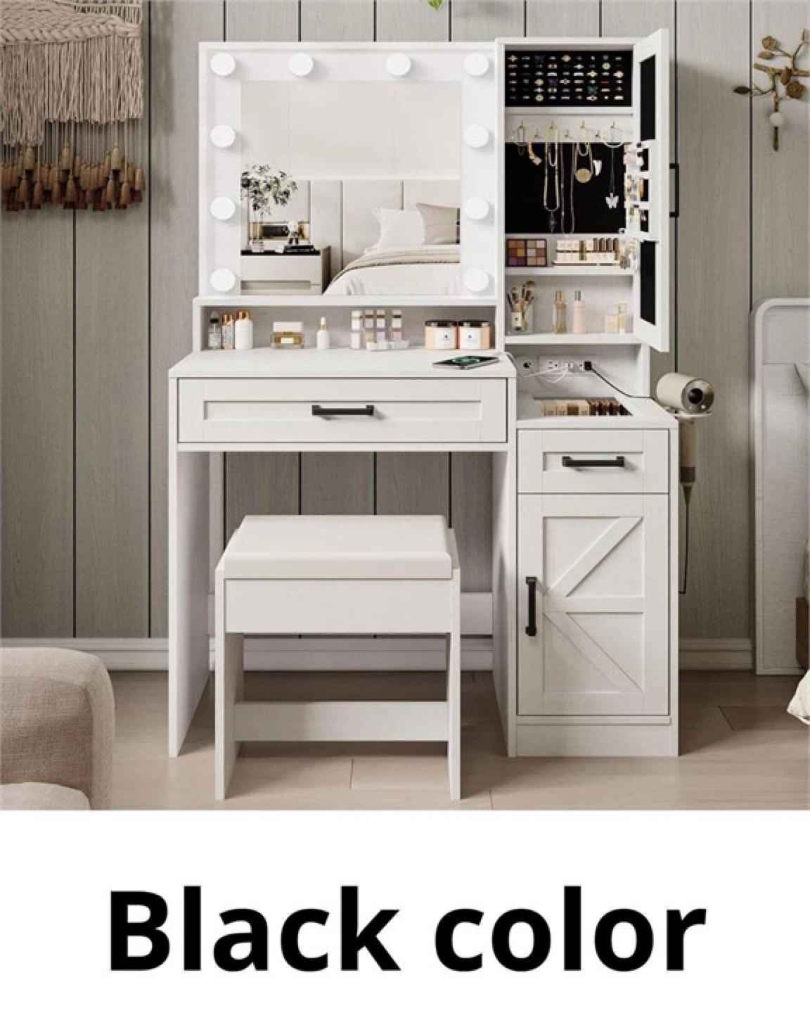Black Vanity Set with Lighted Mirror and Stool