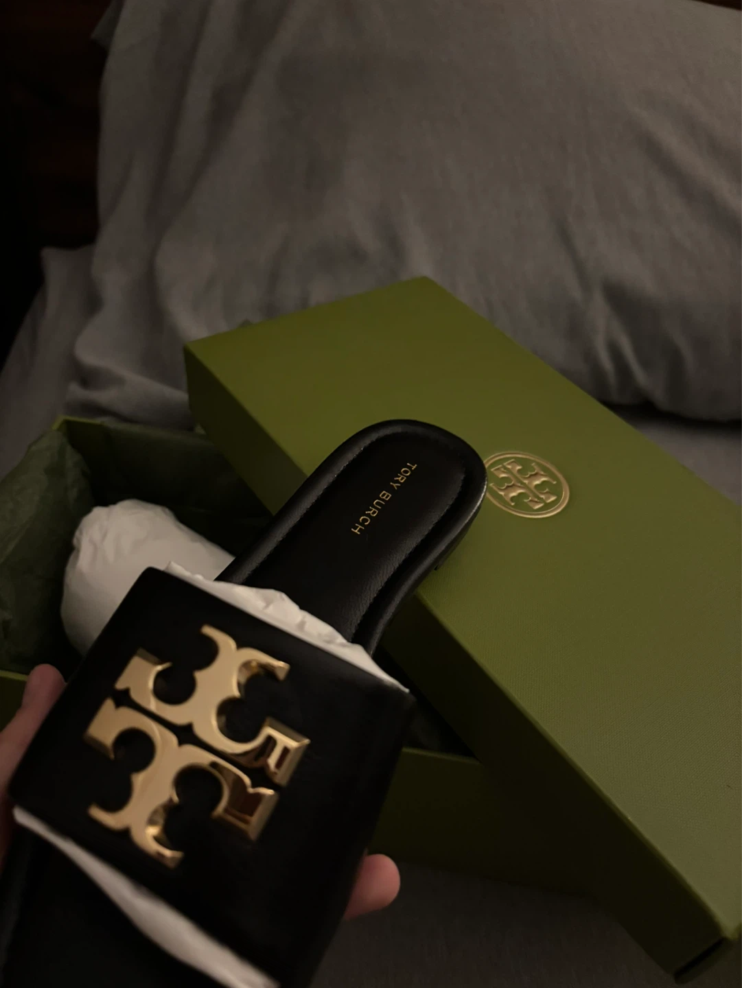 Tory Burch Black Slide Sandals with Gold Logo - photo 3