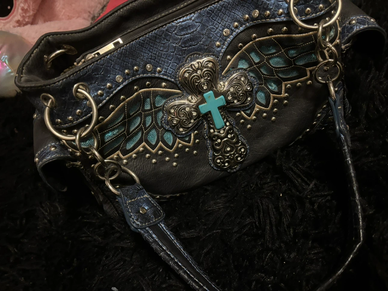 Embellished Satchel Purse with Cross and Wings Design