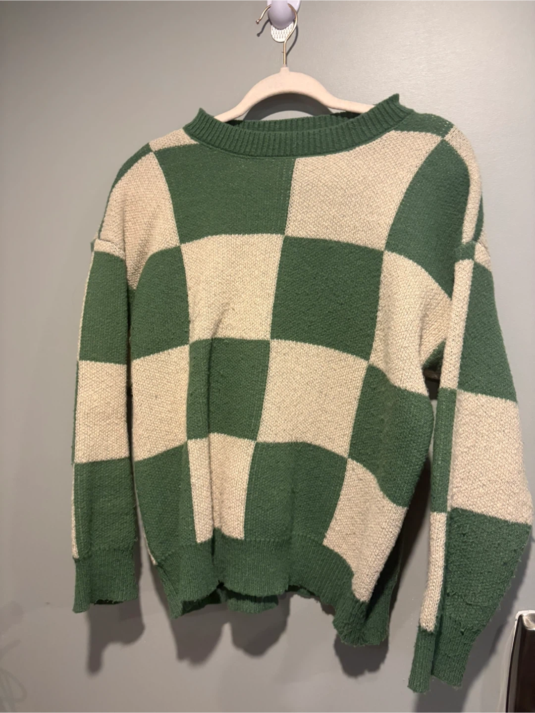 Green and Beige Checkered Knit Sweater