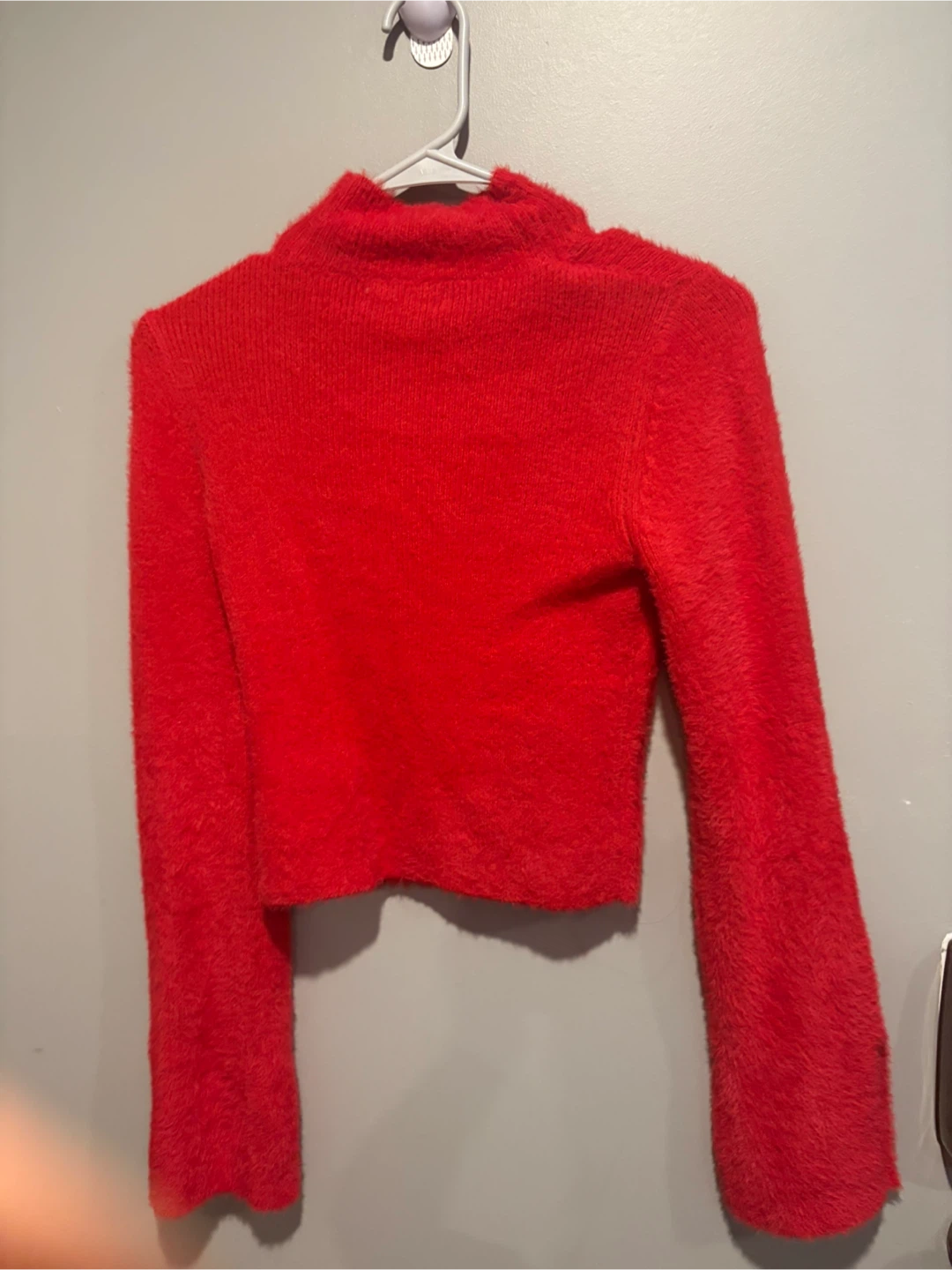 Red Fuzzy Mock Neck Cropped Sweater