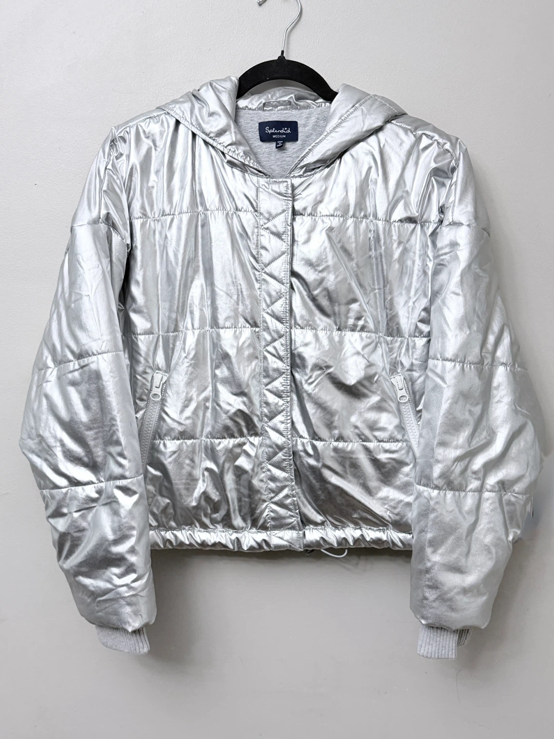 Splendid Metallic Silver Hooded Puffer Jacket Coat Medium