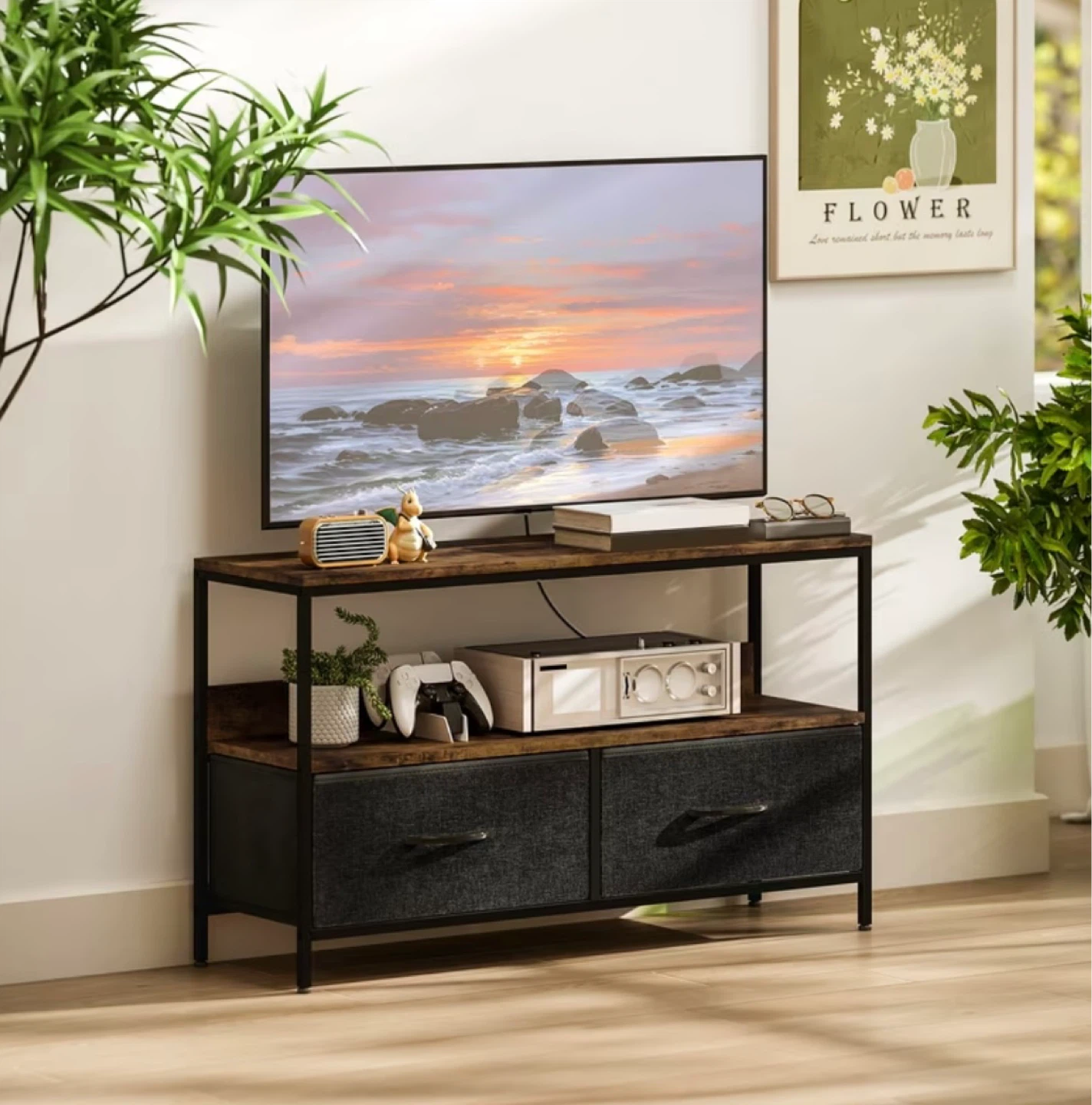 Rustic TV Stand with Drawers & power outlets
