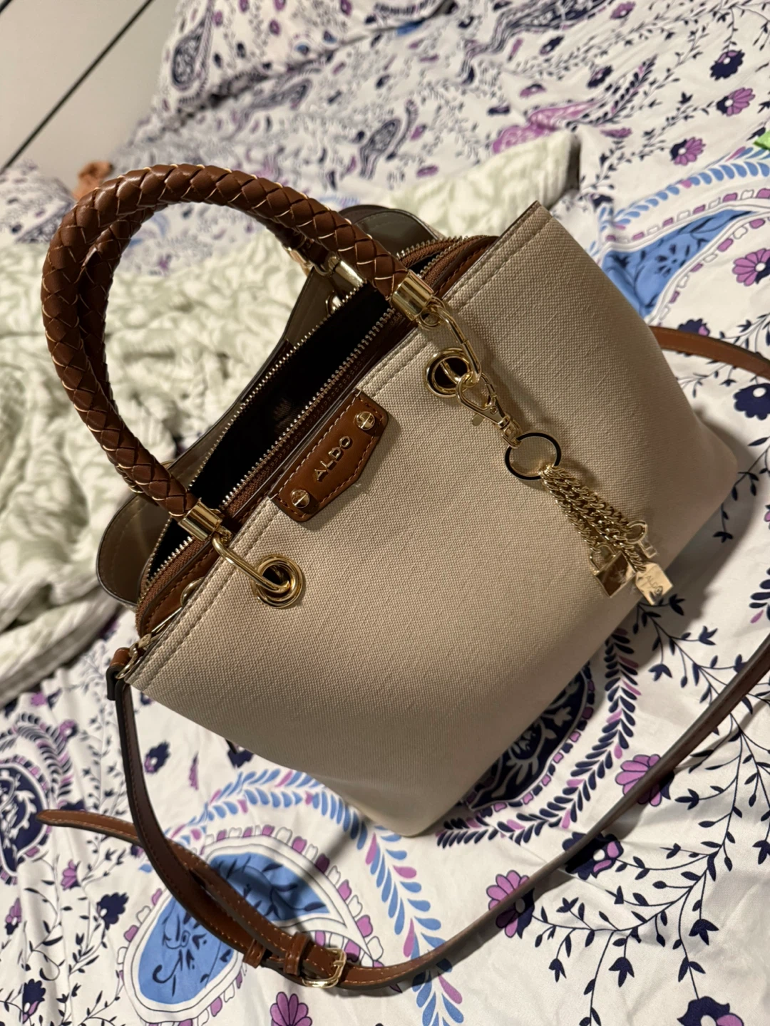 ALDO Beige Satchel Handbag with Brown Leather Accents - photo 4