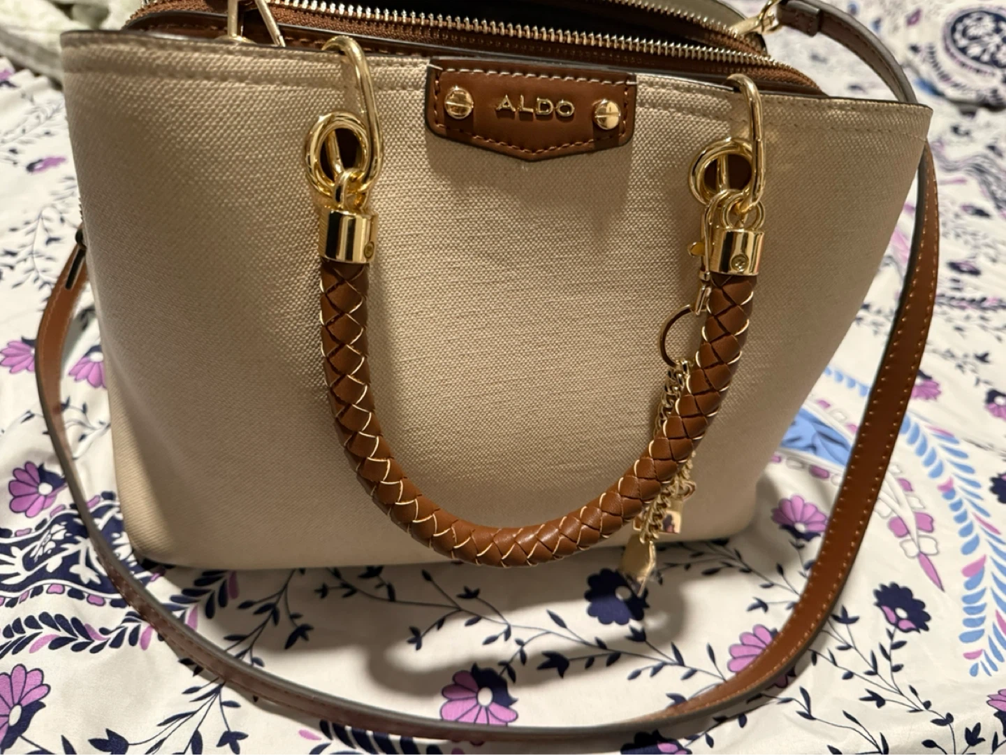 ALDO Beige Satchel Handbag with Brown Leather Accents