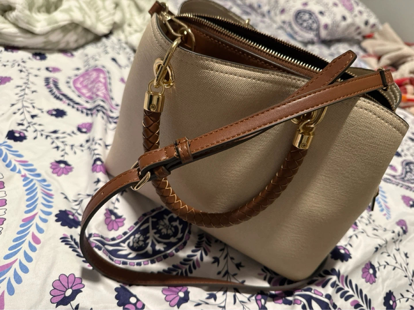 ALDO Beige Satchel Handbag with Brown Leather Accents - photo 3