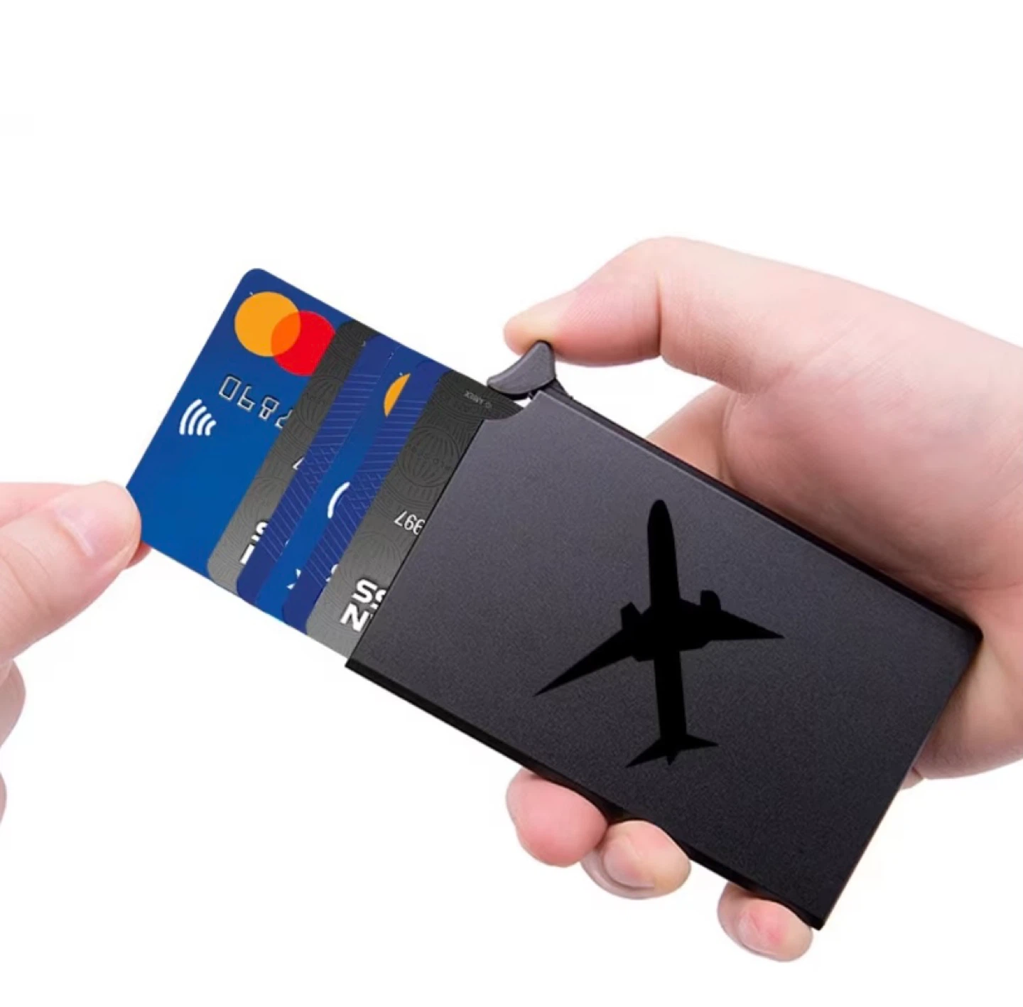 Black Metal Card Holder with Airplane Design