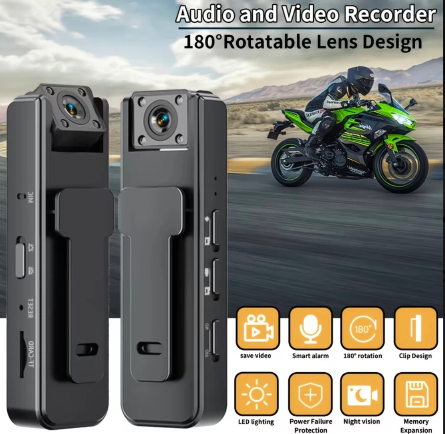 Black Audio and Video Recorder with 180° Rotatable Lens
