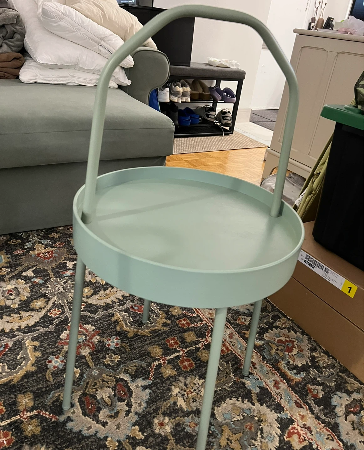 Set of 3 light green side tables with handles