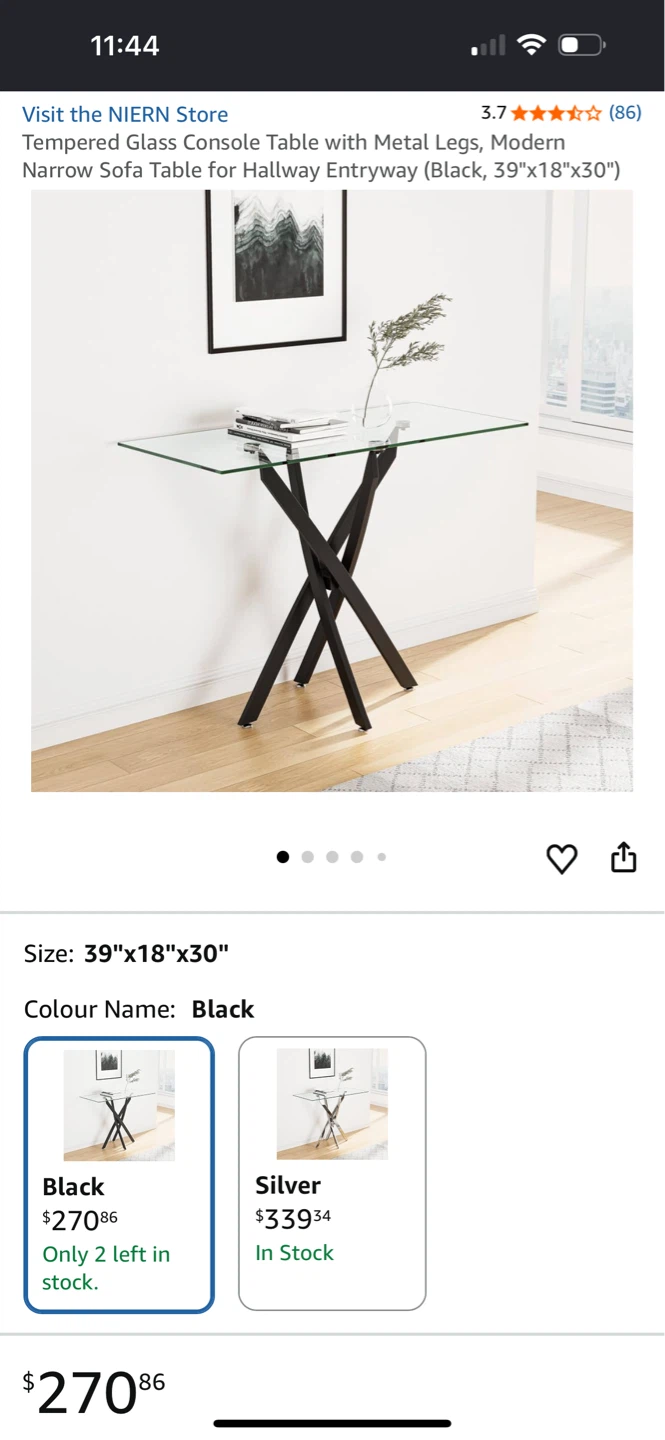 Tempered Glass Console Table with Metal Legs - Black