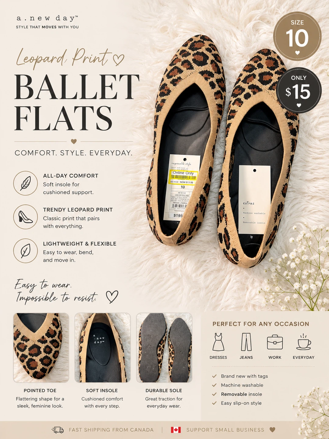 A New Day Leopard Print Ballet Flats Size 10