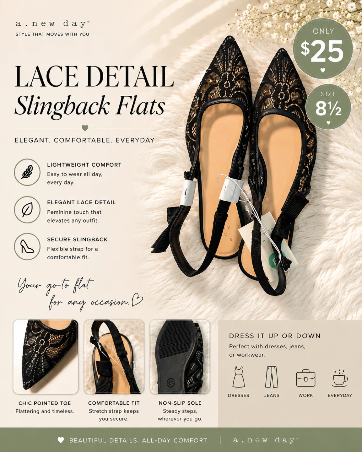 A New Day Lace Detail Slingback Flats Black Size 8.5
