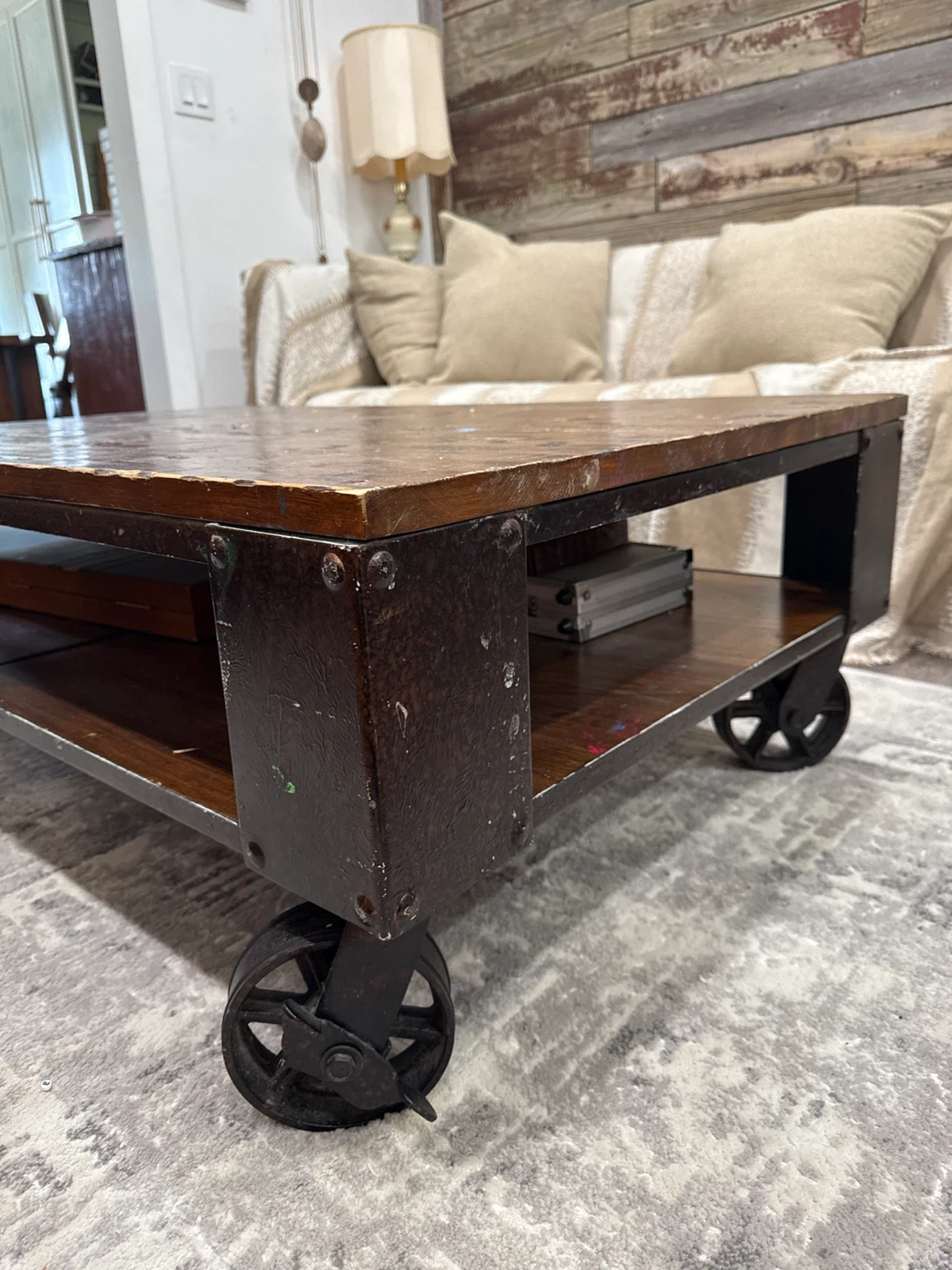 Distressed Wood Coffee Table with castor Wheels - photo 4