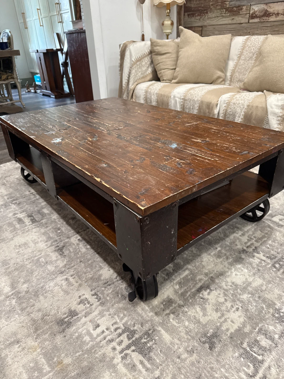 Distressed Wood Coffee Table with castor Wheels