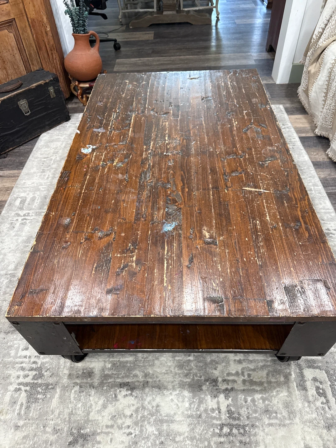Distressed Wood Coffee Table with castor Wheels - photo 2