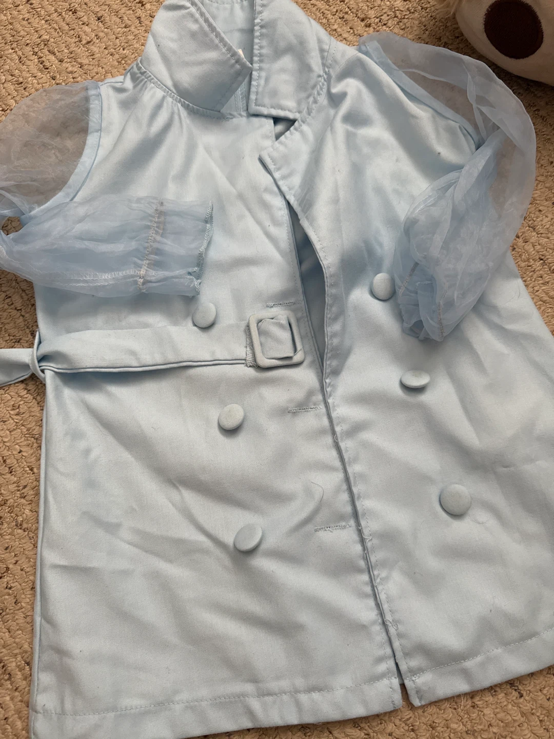 Baby Blue Double-Breasted Trench Coat with Sheer Sleeves - photo 2