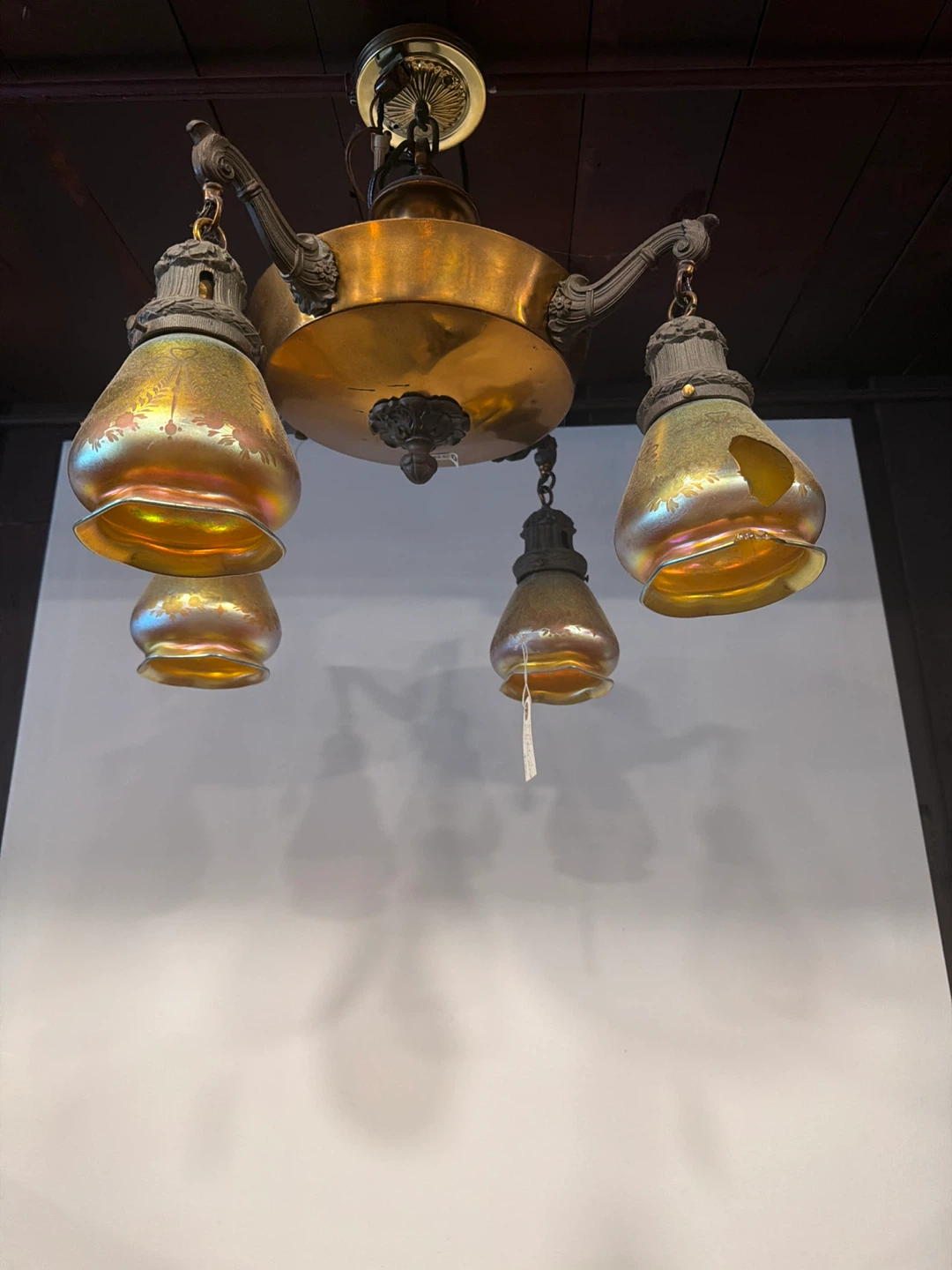 Antique Chandelier with 4 Iridescent Glass Shades
