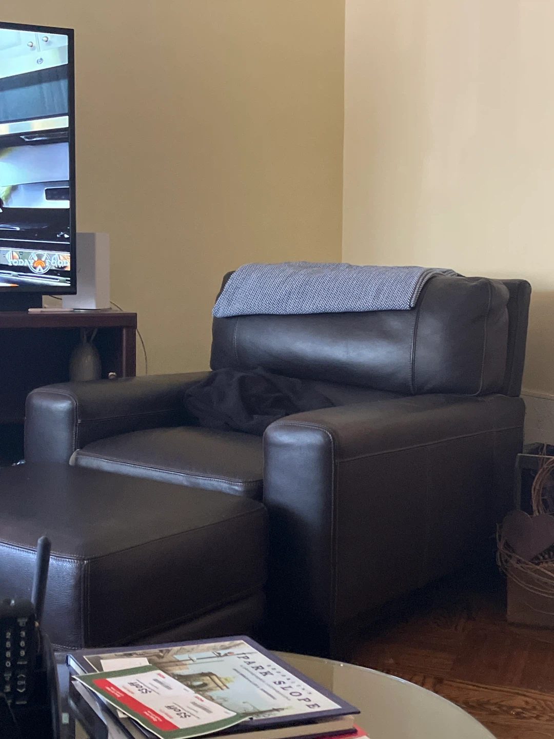 Dark Brown Leather Armchair with Ottoman