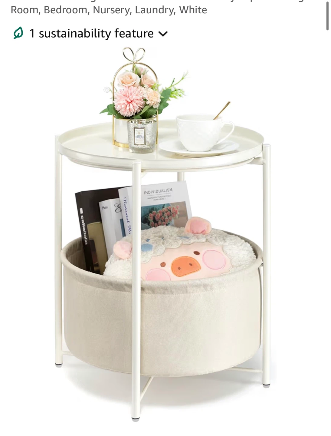 White Round End Table with Storage Basket - photo 2