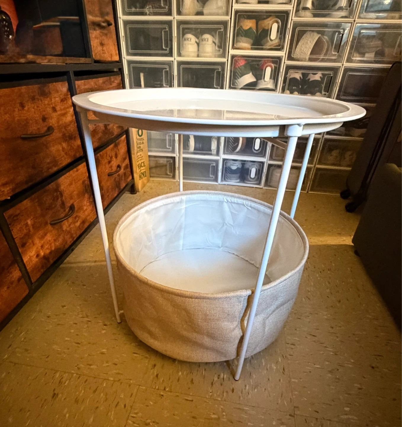 White Round End Table with Storage Basket