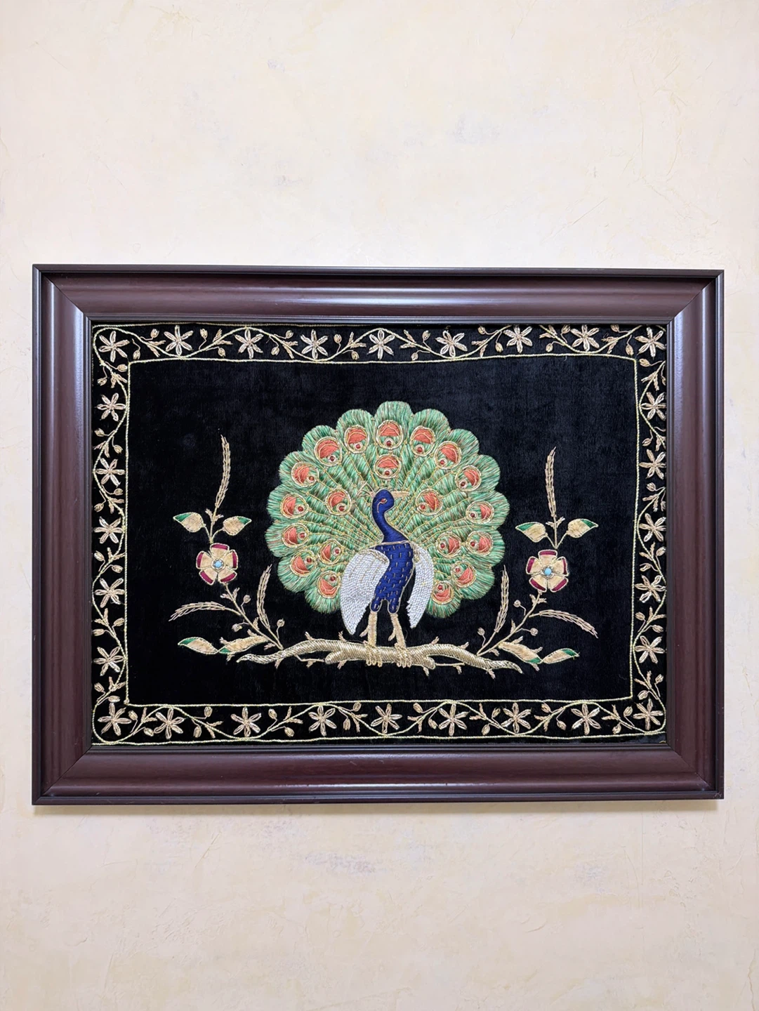 Framed Peacock Embroidery Art
