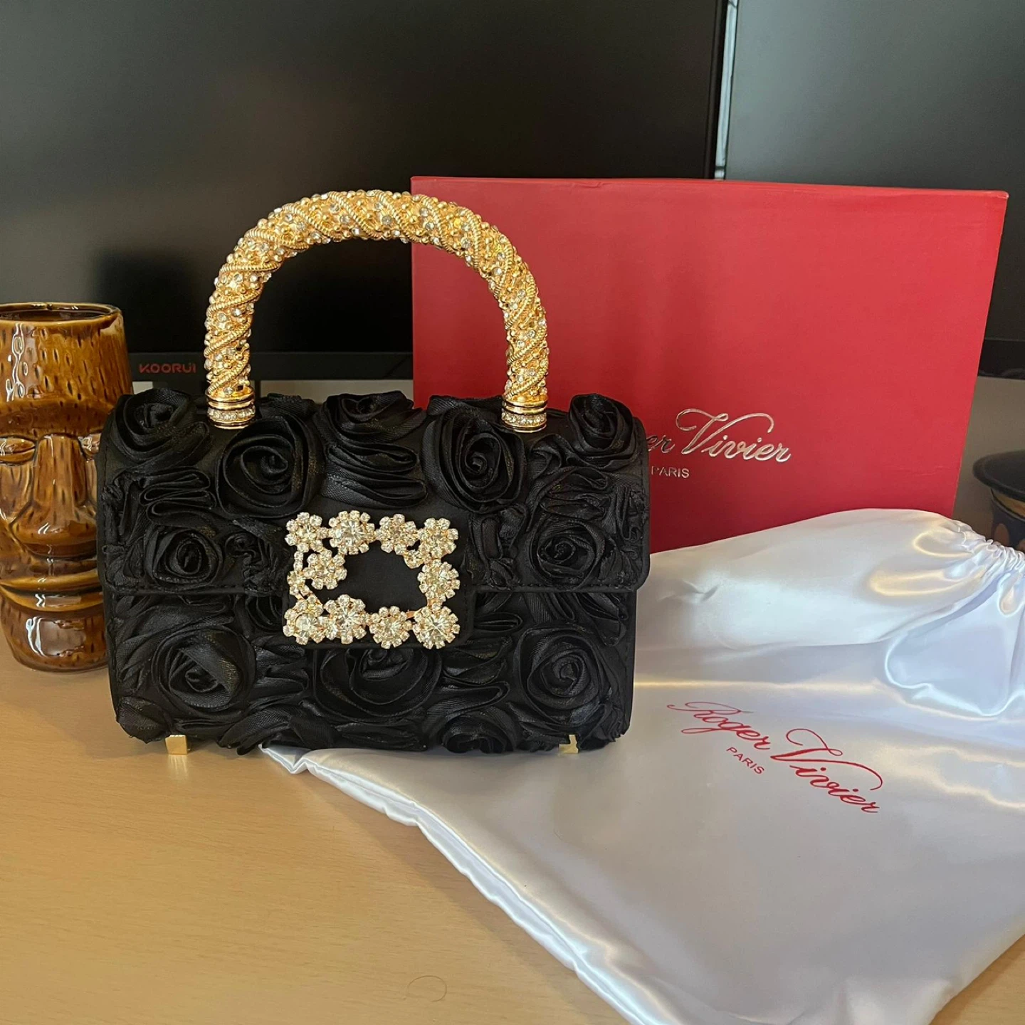 Roger Vivier Black Rose Embellished Evening Bag