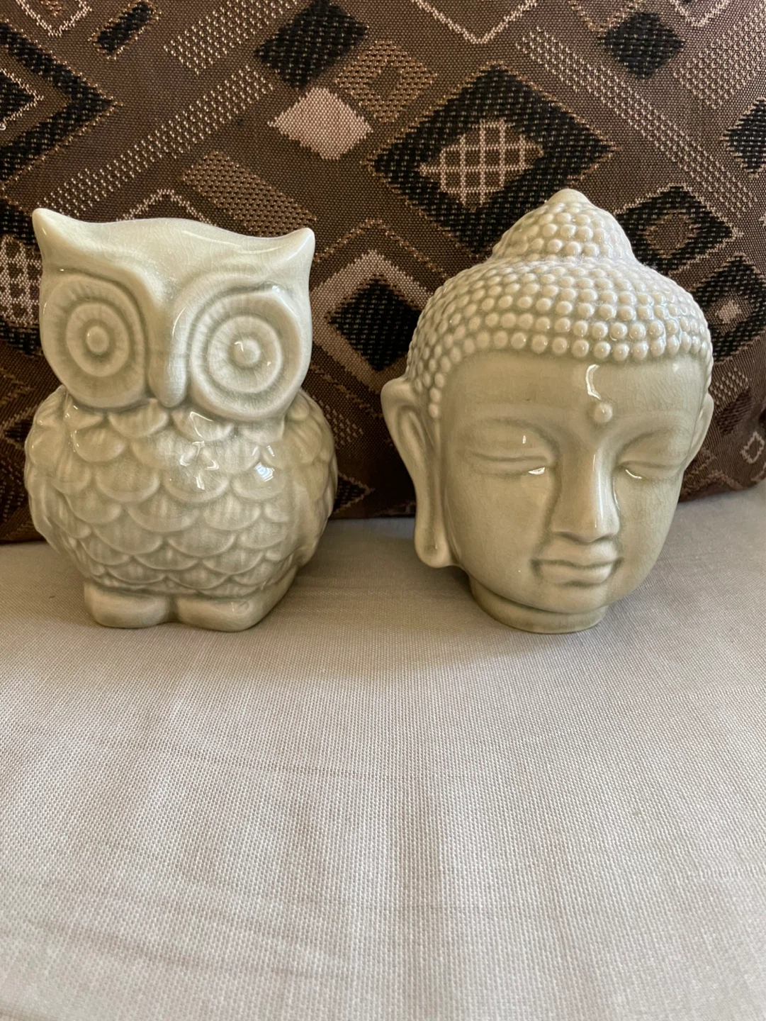 Ceramic Owl and Buddha Head Figurines