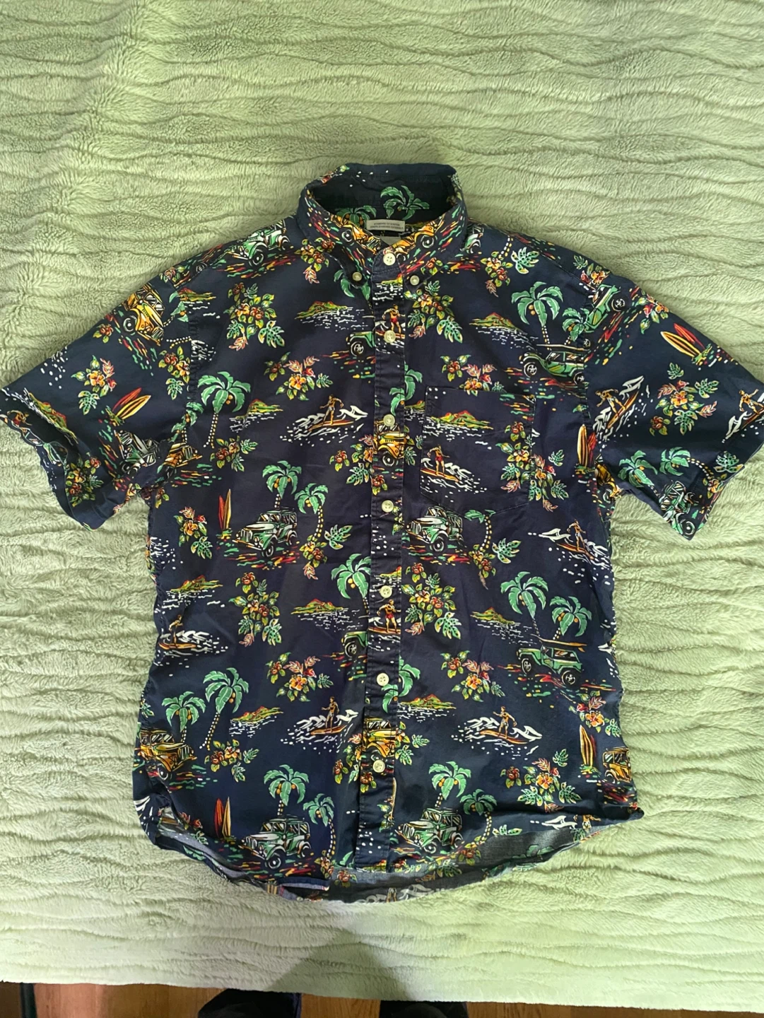 Navy Hawaiian Print Short Sleeve Button-Up Shirt