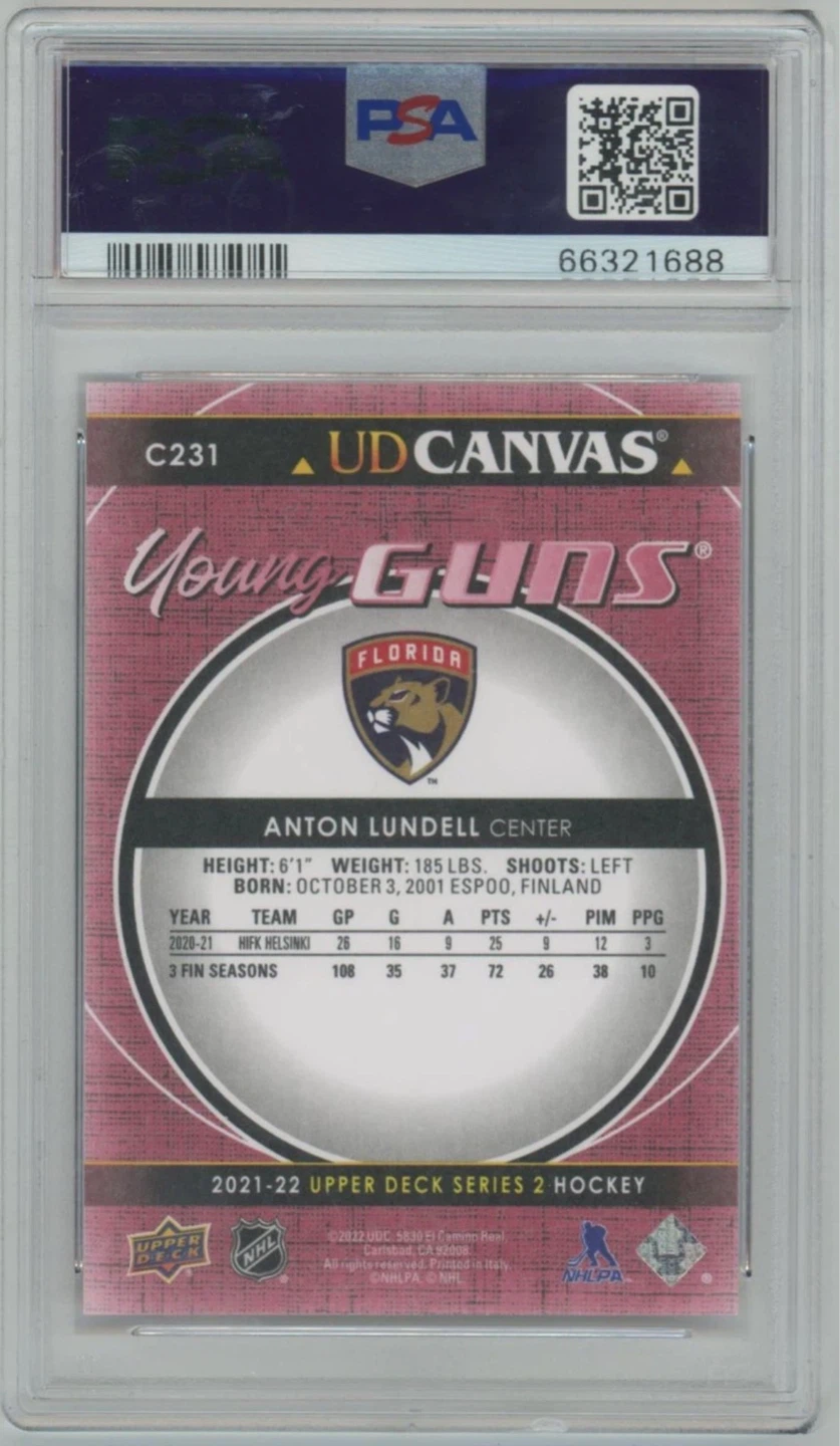 2021 Upper Deck Anton Lundell UD Canvas Young Guns PSA 10 - photo 2