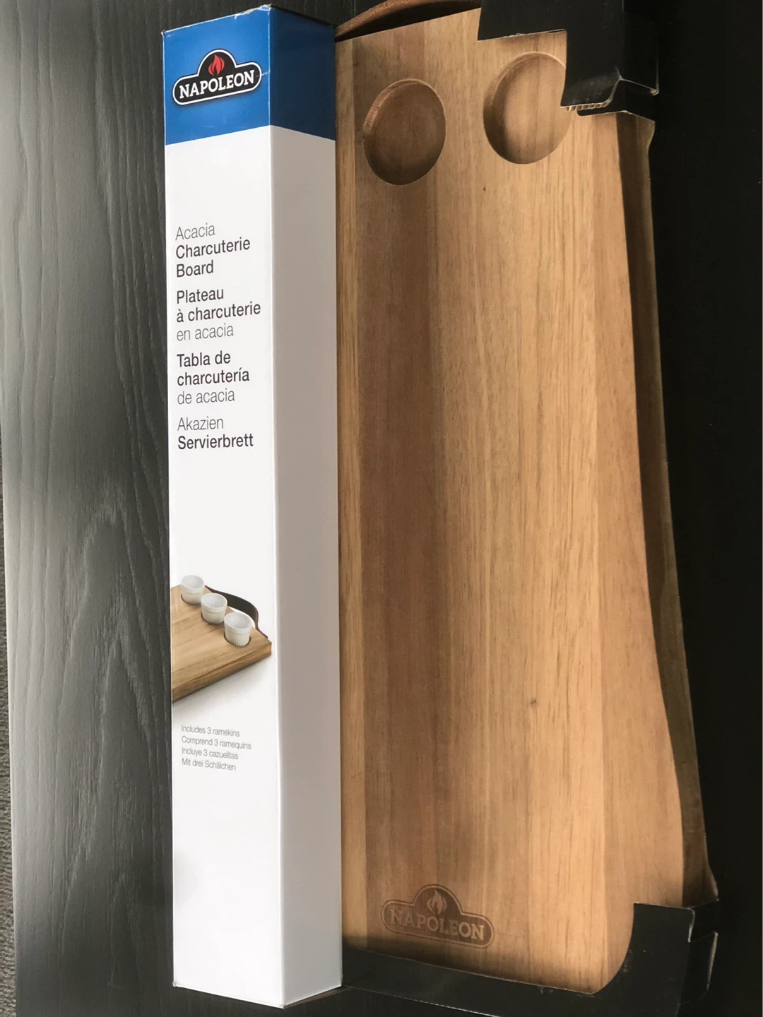 Napoleon Acacia Charcuterie Board with 3 Ramekins