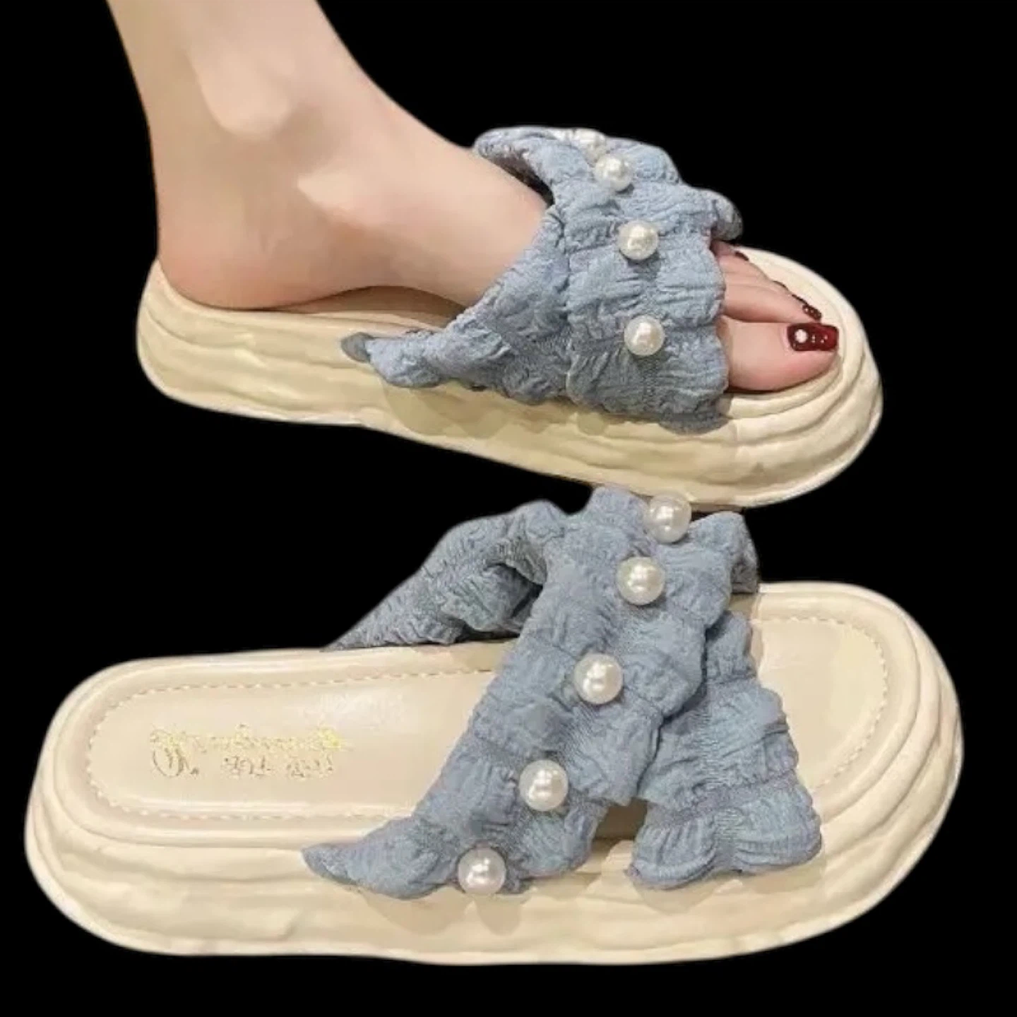 Light Blue Pearl Embellished Platform Slides