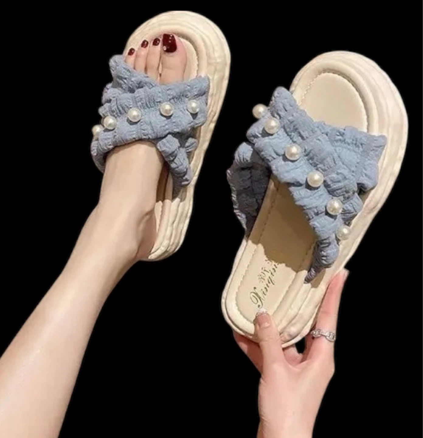 Light Blue Pearl Embellished Platform Slides - photo 3