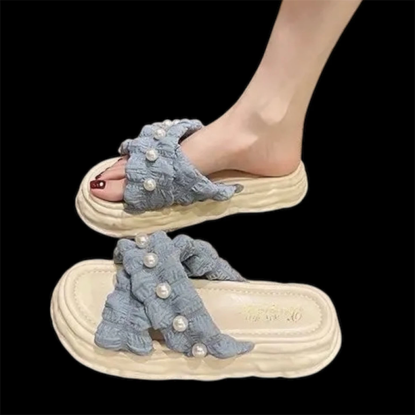 Light Blue Pearl Embellished Platform Slides - photo 2