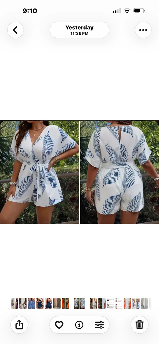 Plus Size White and Blue Leaf Print Romper. Size 1XL