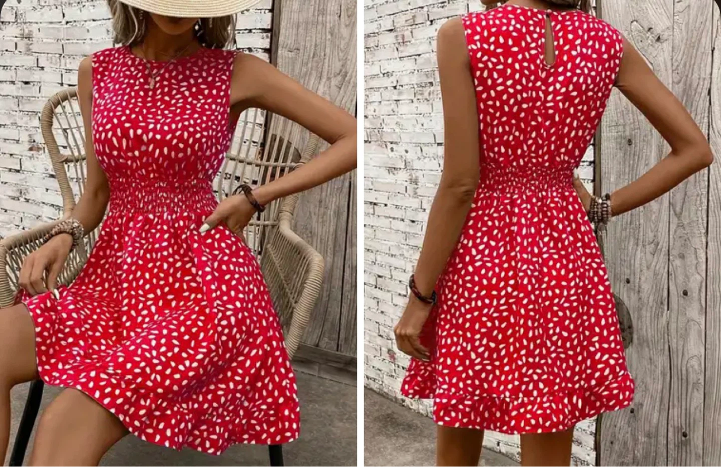 Red and White Spot Sleeveless Dress. Size medium