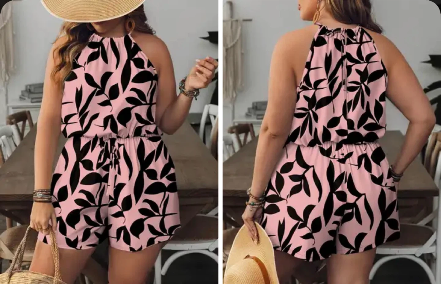 Plus Size Pink Leaf Print Halter Romper. Size 0XL