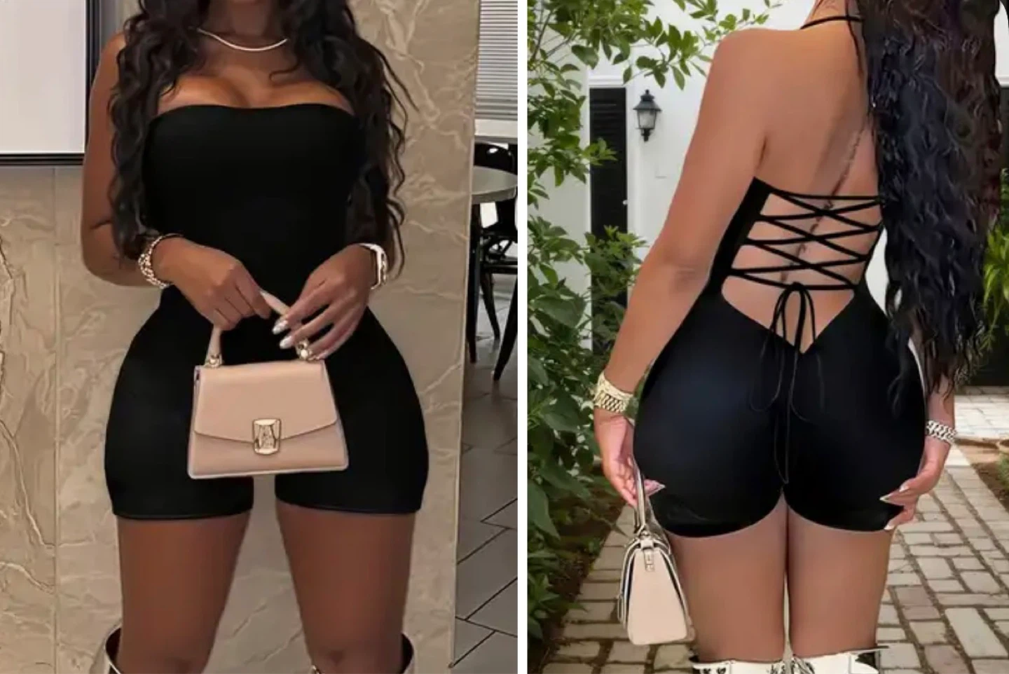 Women's Black Strapless Lace-Up Romper. Size medium