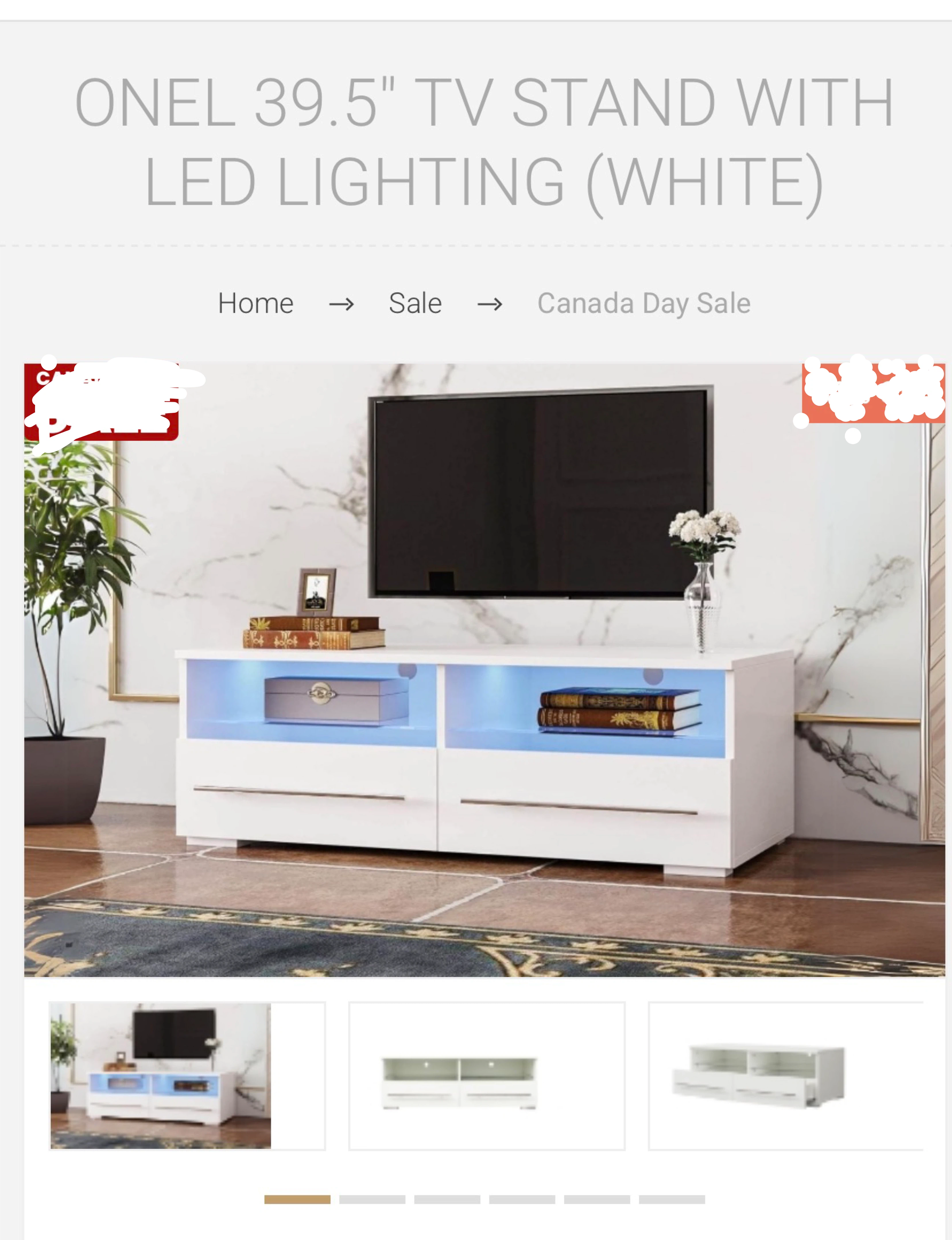 ONEL 39.5" TV Stand with LED Lighting (White)