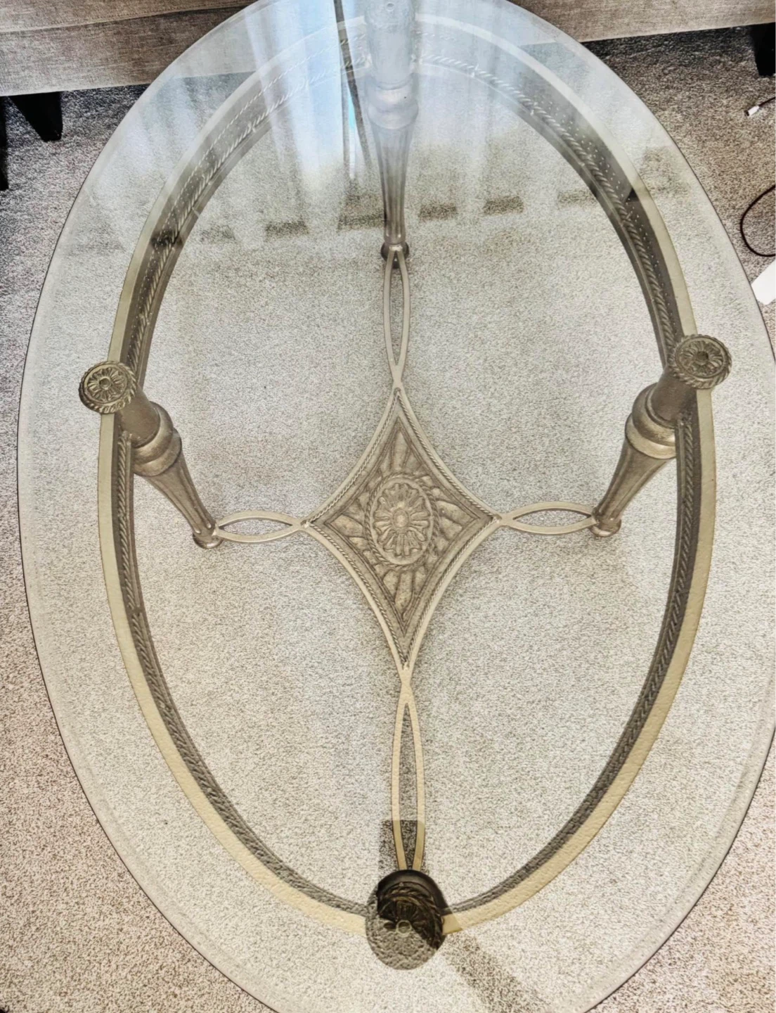Oval Glass Top Coffee Table with Ornate Base