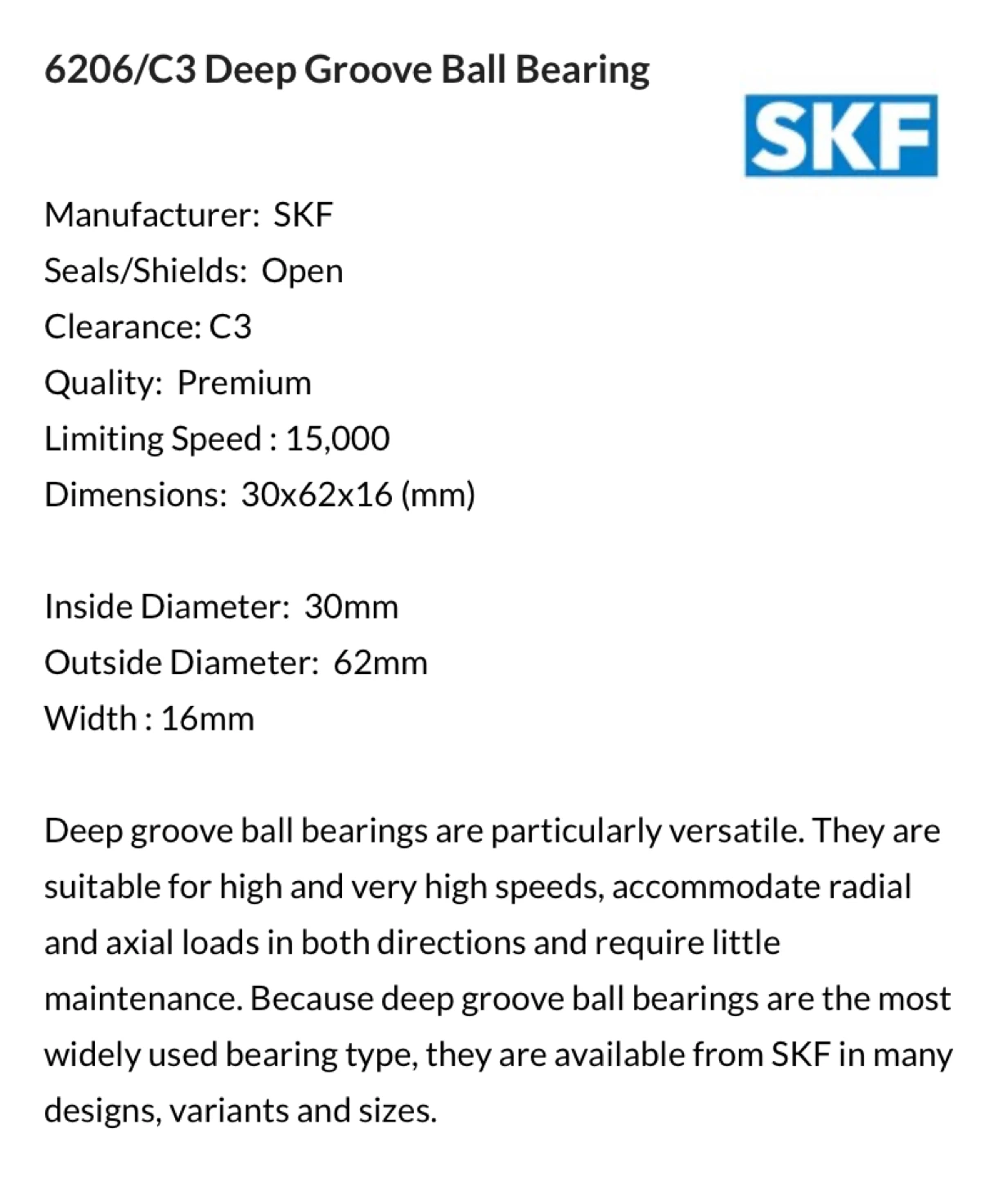 SKF 6206/C3 Deep Groove Ball Bearing - photo 2