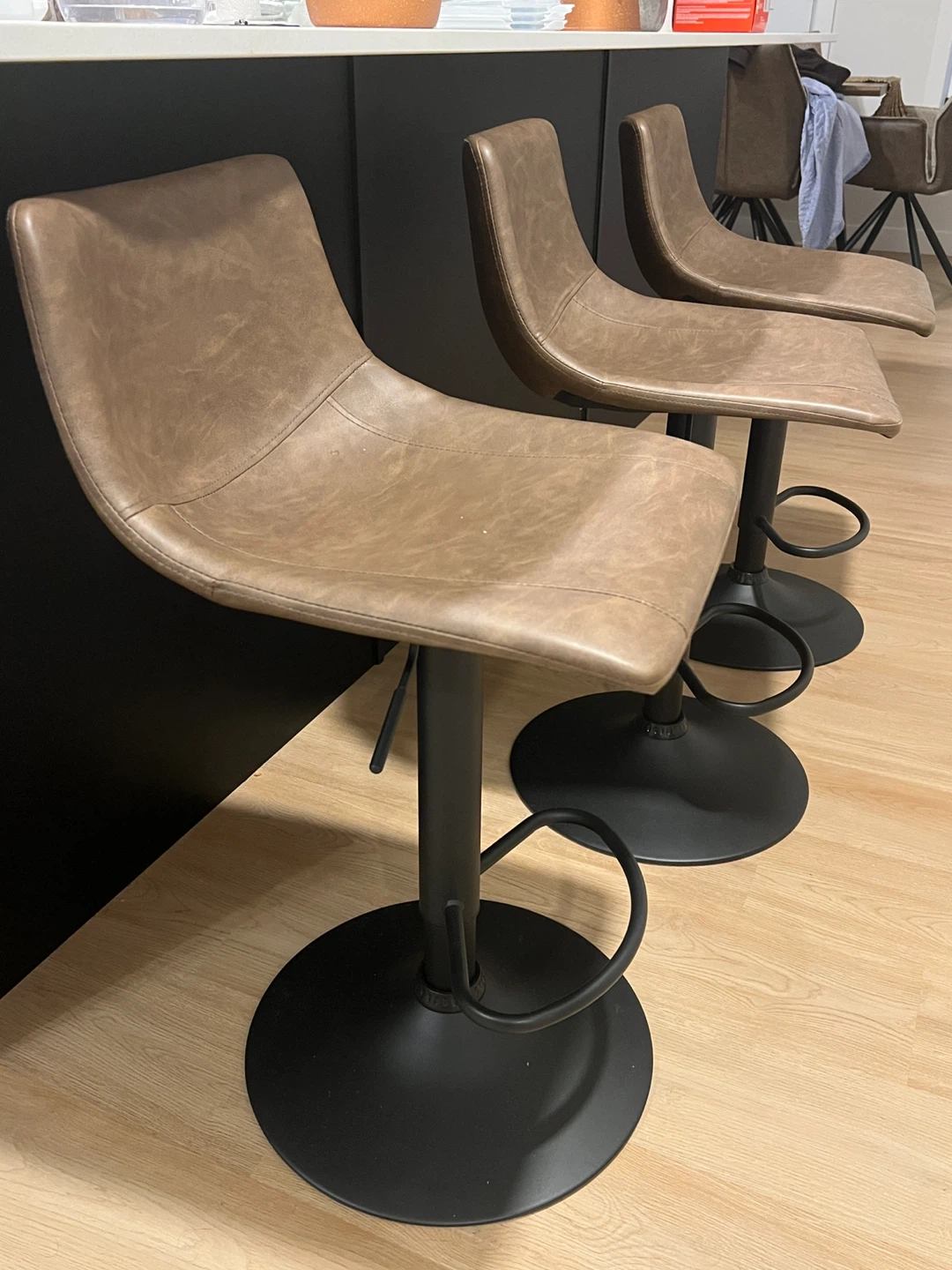3 Brown Faux Leather and Metal Adjustable Bar Stools