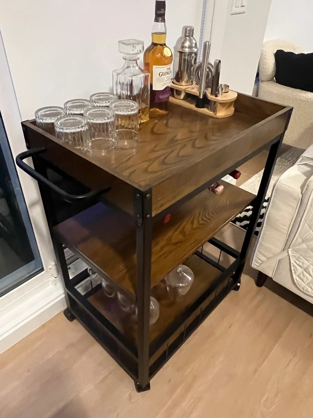 Wooden Rolling Bar Cart with Wine Rack