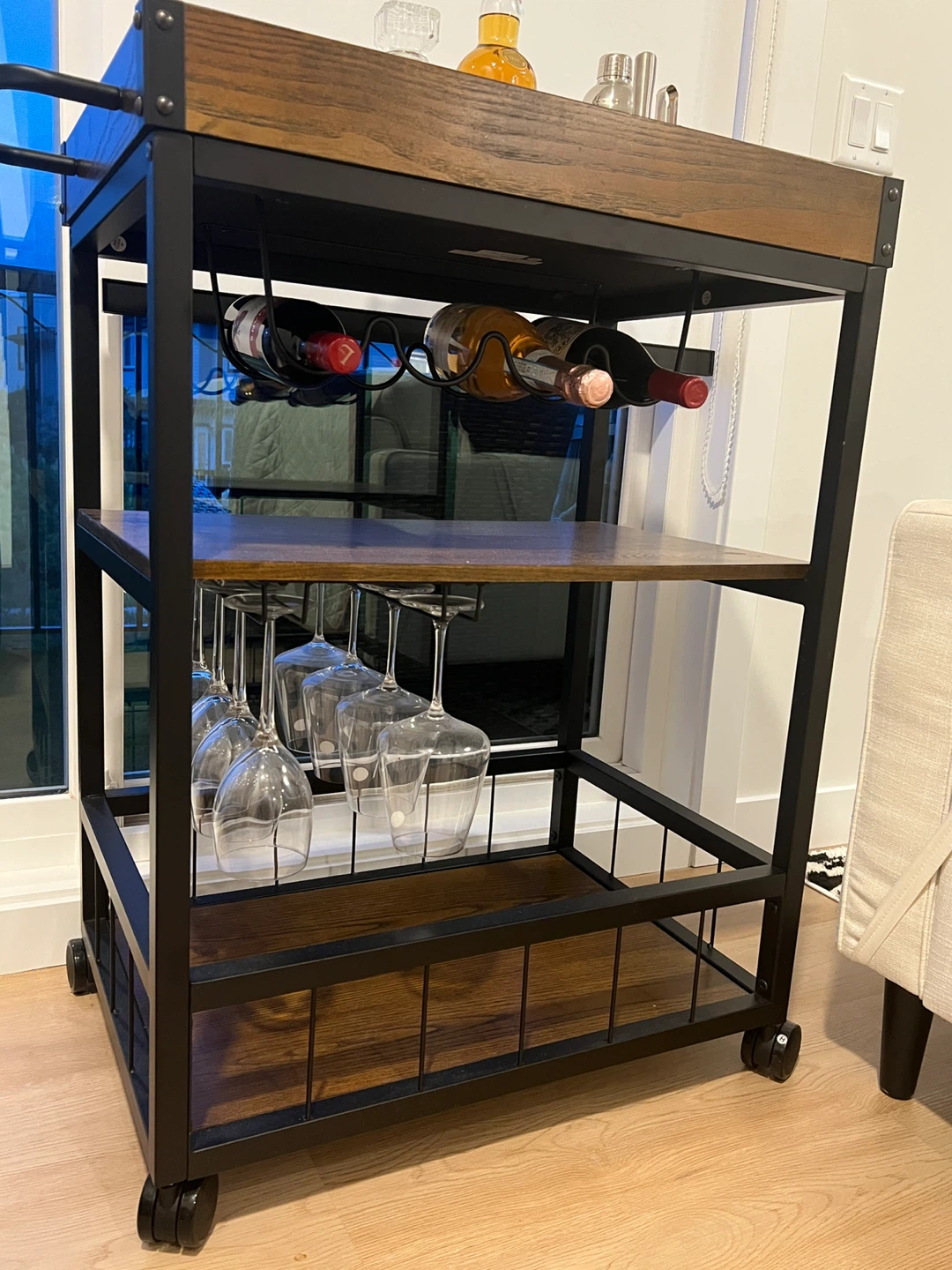 Wooden Rolling Bar Cart with Wine Rack - photo 2