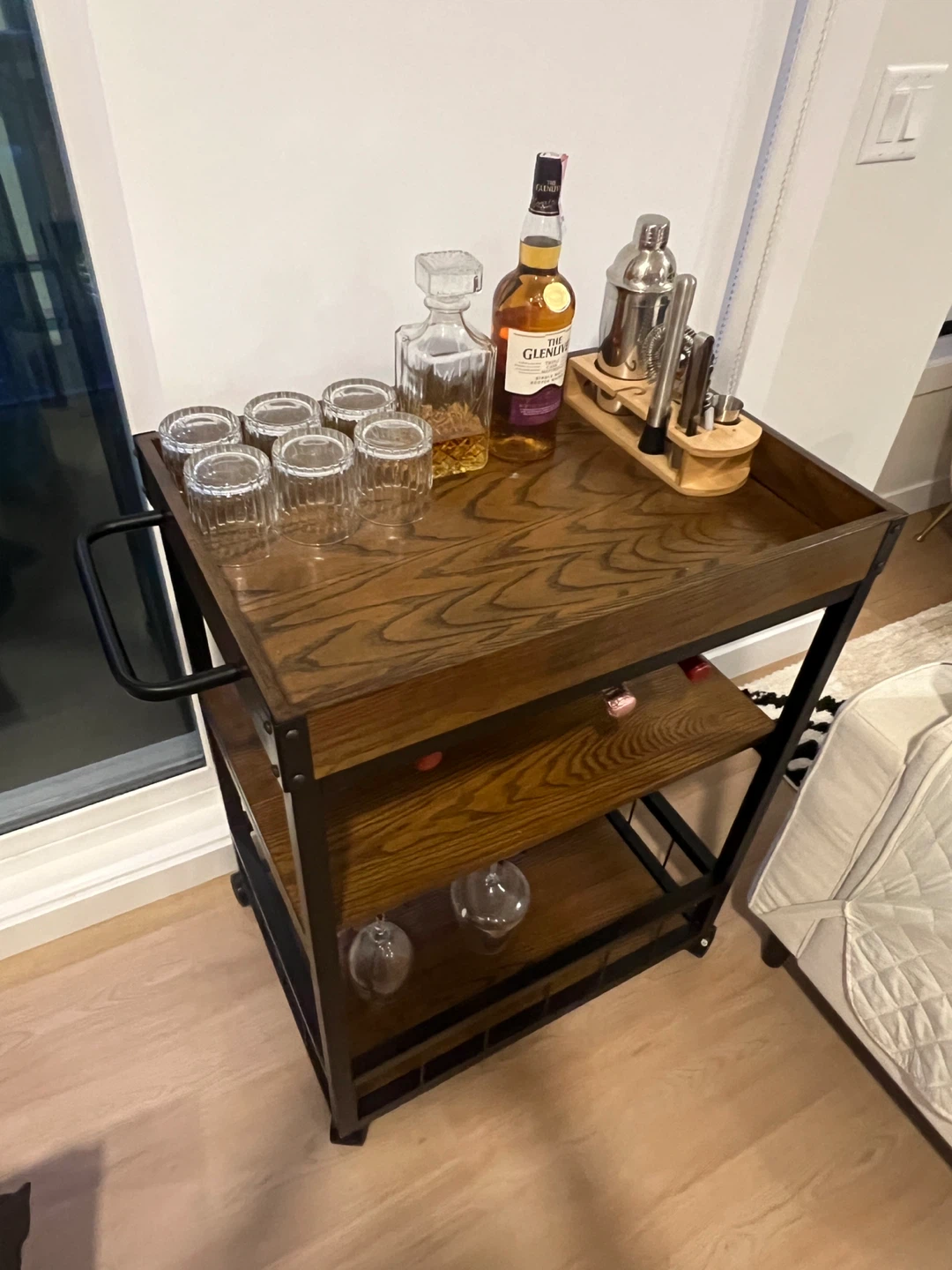 Wooden Rolling Bar Cart with Wine Rack - photo 3