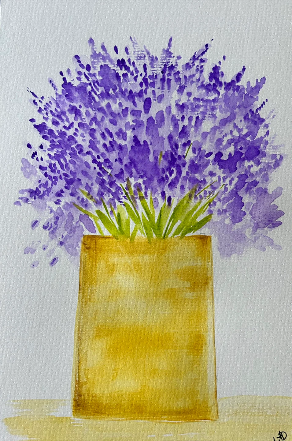 Watercolor Painting of Lavender in a Yellow Vase