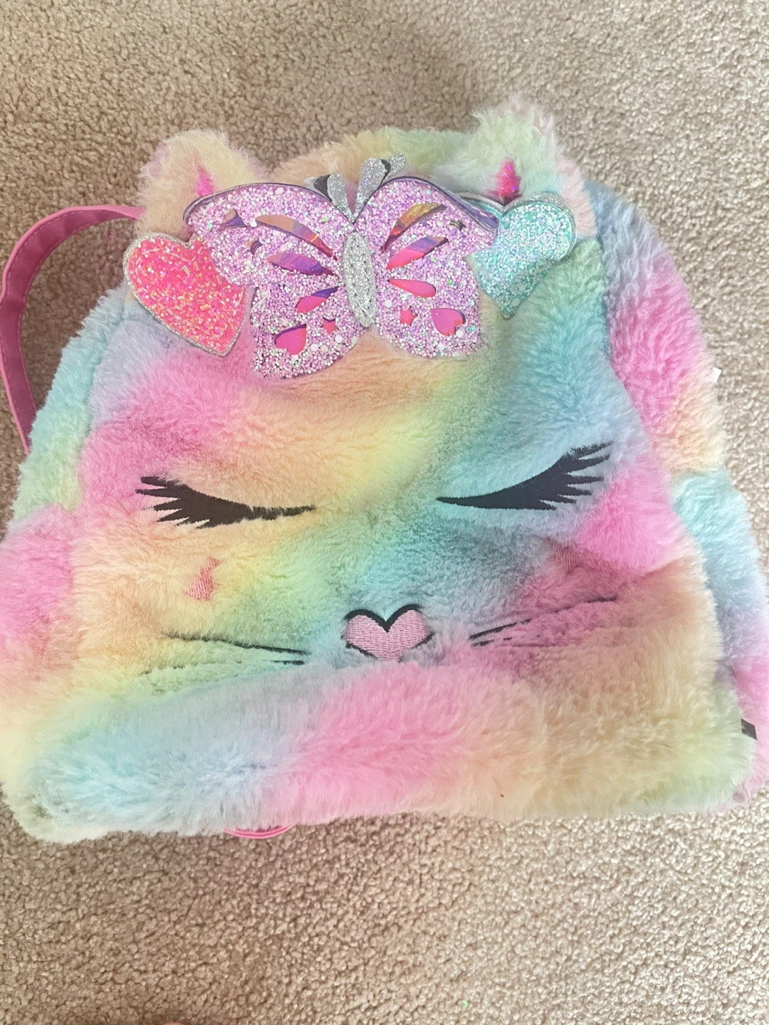 Fuzzy Rainbow Cat Backpack with Butterfly Accent