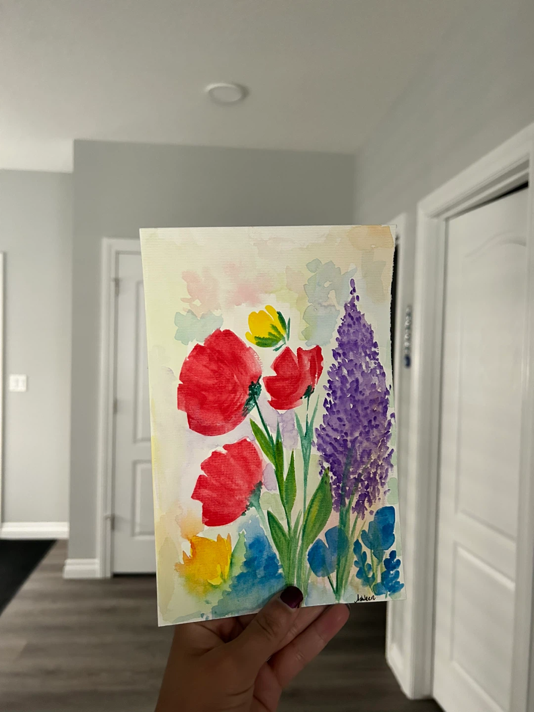 Original Watercolour Painting of Poppies and Lavender